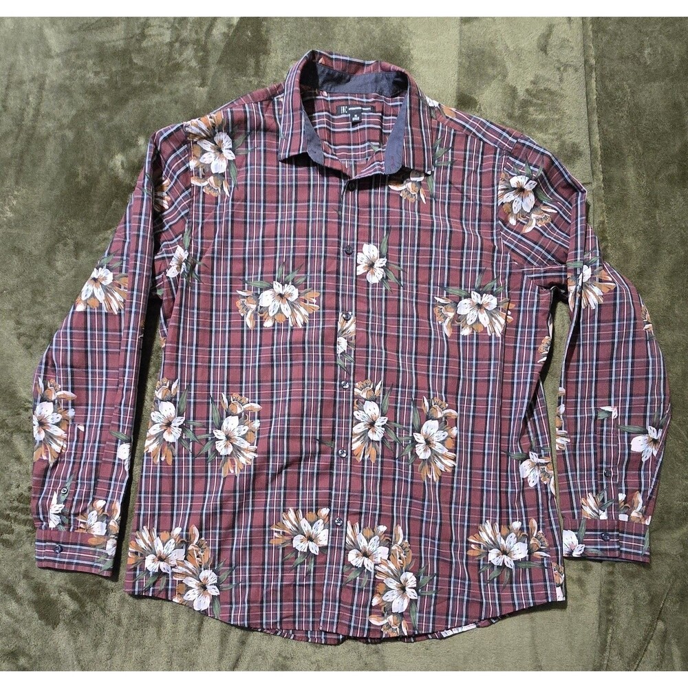 INC International Concepts Men's Long Sleeve Burgandy Plaid Floral Shirt XL